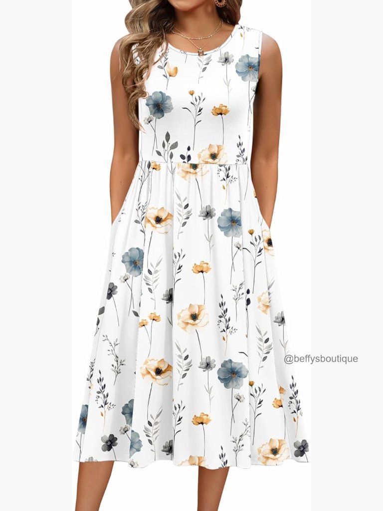Women's Summer Tank Midi Dress With Pockets Floral Sleeveless A-Line Casual